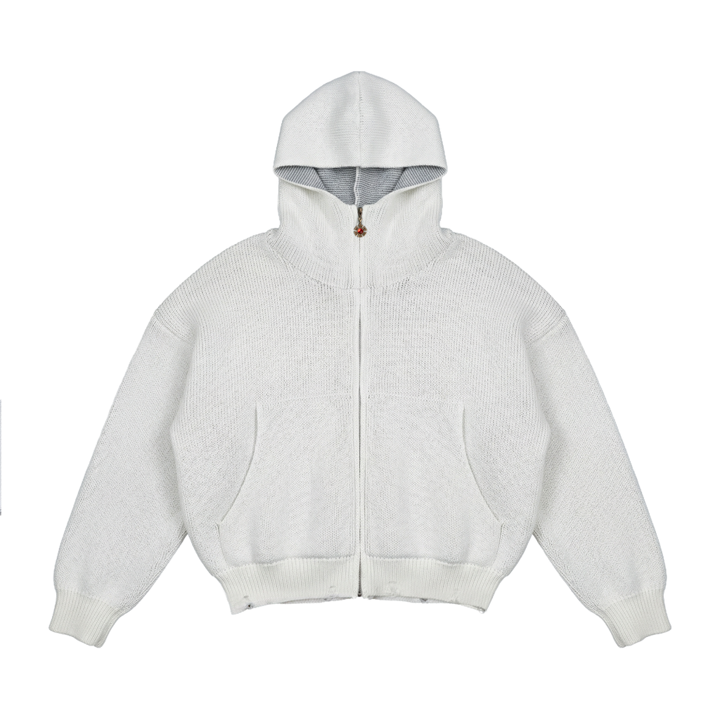 OMERTA WHITE KNITTED ZIP HOODIE